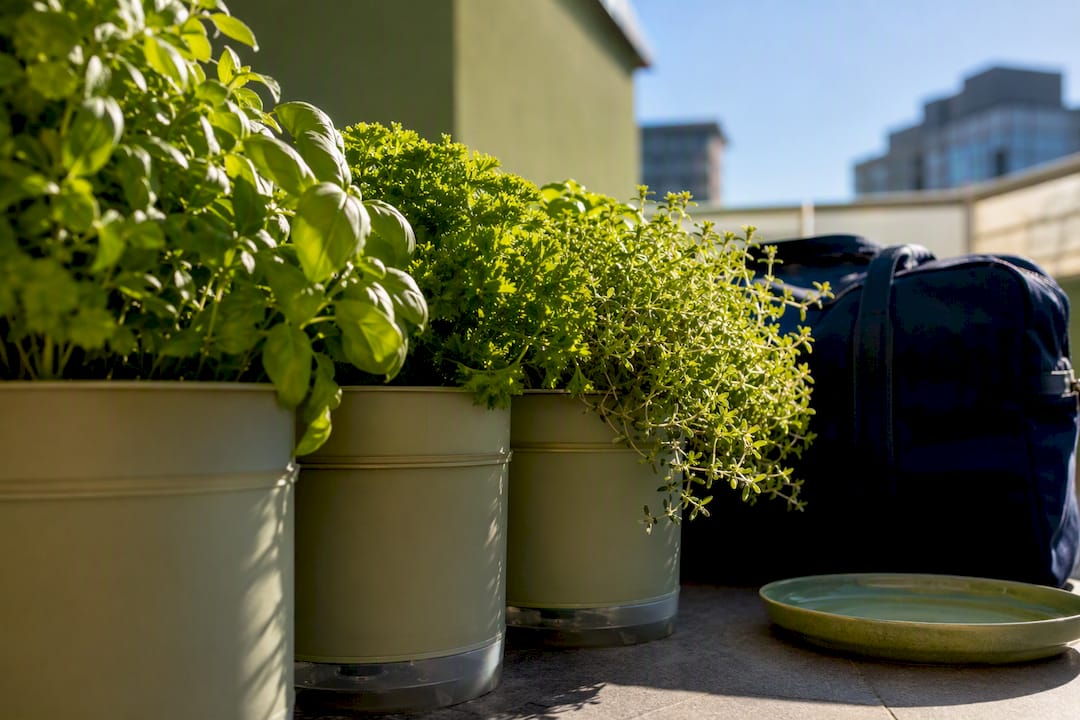 Keep Herbs Alive on Trips Up to Two Weeks With 12–14 Inch Pots and Reservoirs